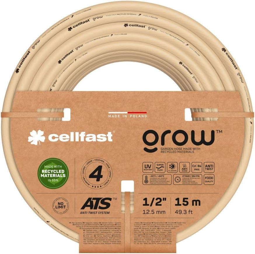 Tuinslang Cellfast GROW, duurzaam, flexibel, 4-laags, duurzaam ATS-gebreid, UV- en algenbestendig, zware metalen vrij, 27 bar, -20/+60°C, 1/2" sluiting, 15m