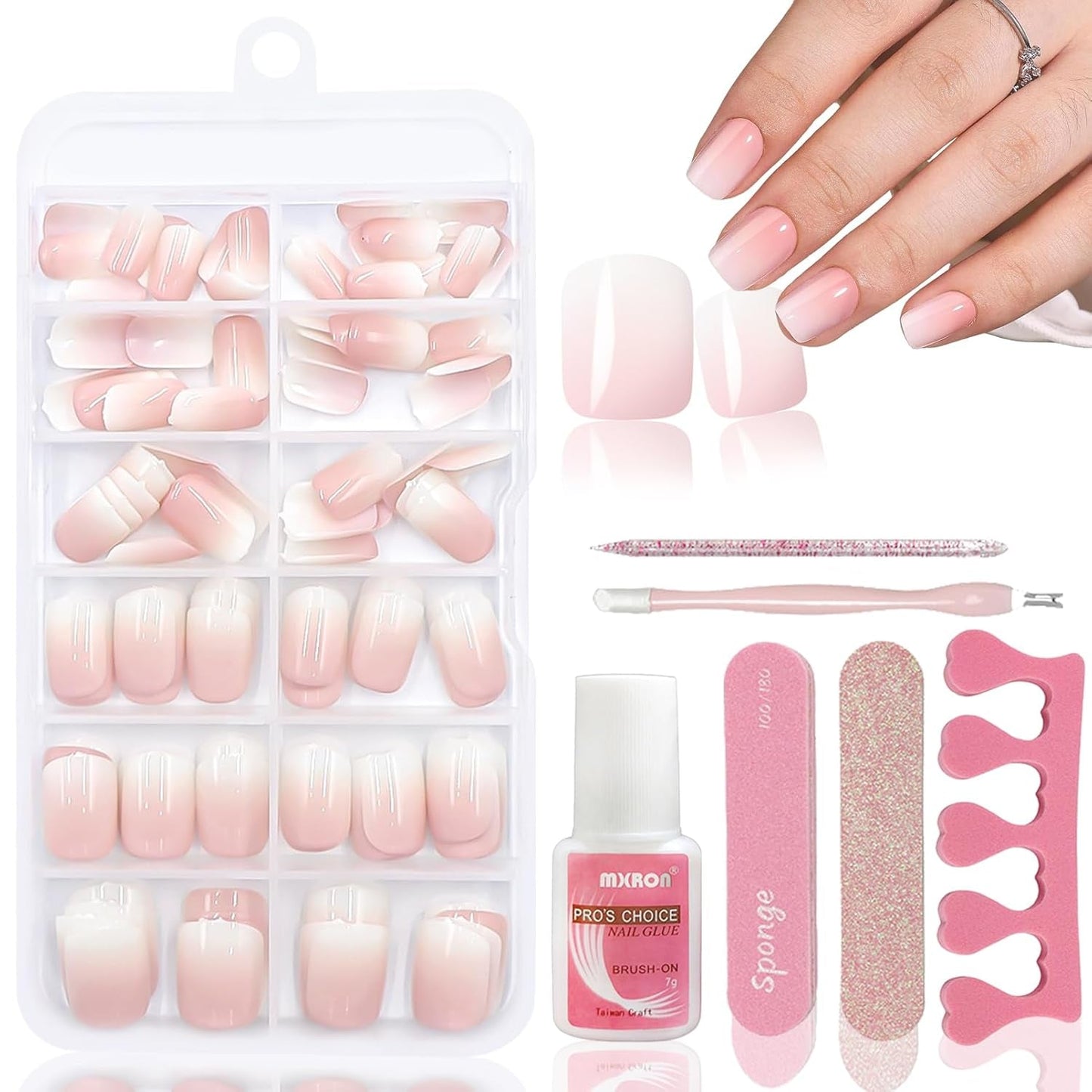 120 stuks naaktroze nepnagels met nagellijm - 12 maten korte ovale vierkante pers op nagels - mooie nagels, lijm op kunstnagels - geschikt voor dames doe-het-zelf nagelontwerp (squaval roze verloop)