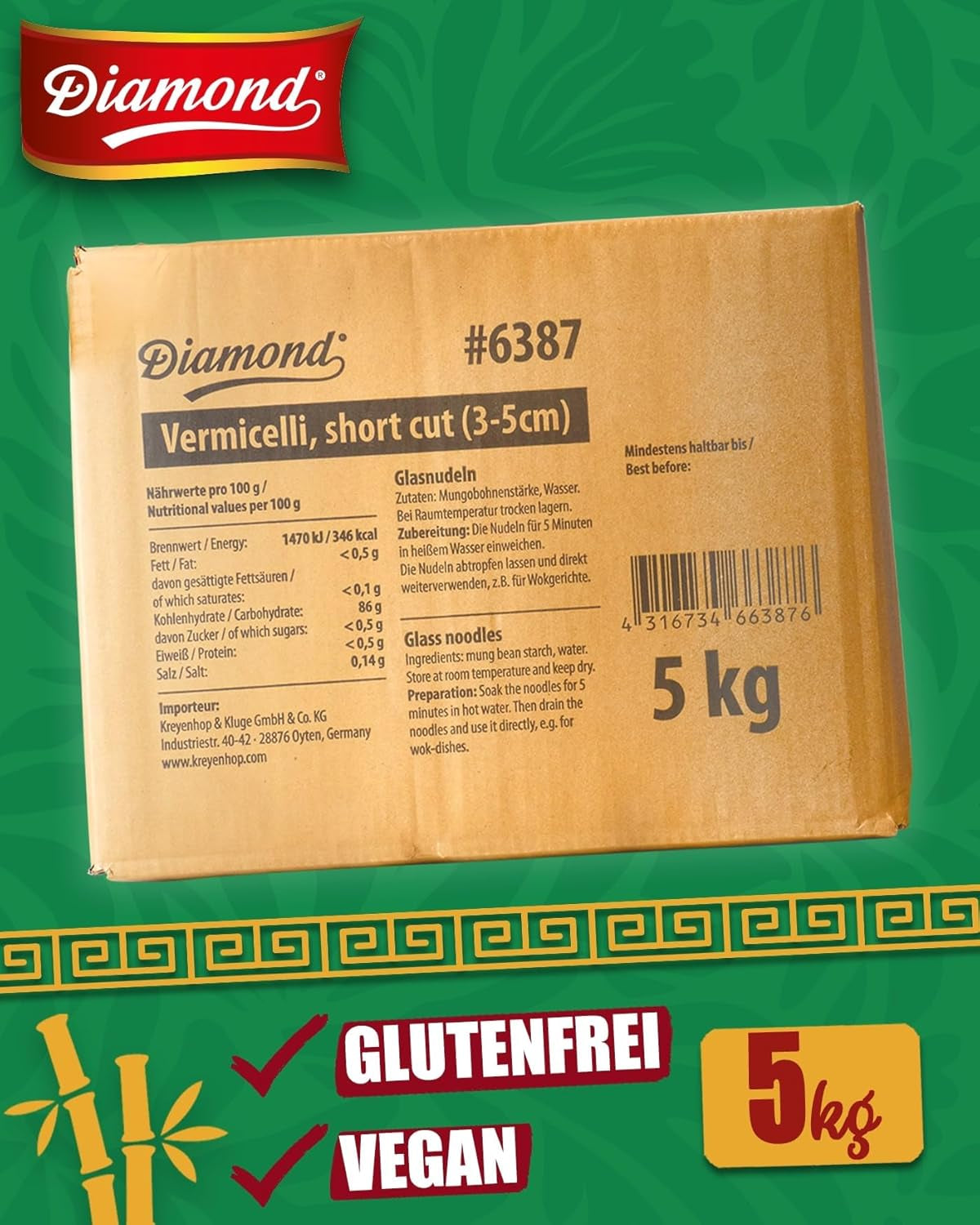 DIAMOND glasnoedels, glasnoedels van korte mungbonenzetmeel, natuurlijk veganistisch en glutenvrij - 1 x 5 kg