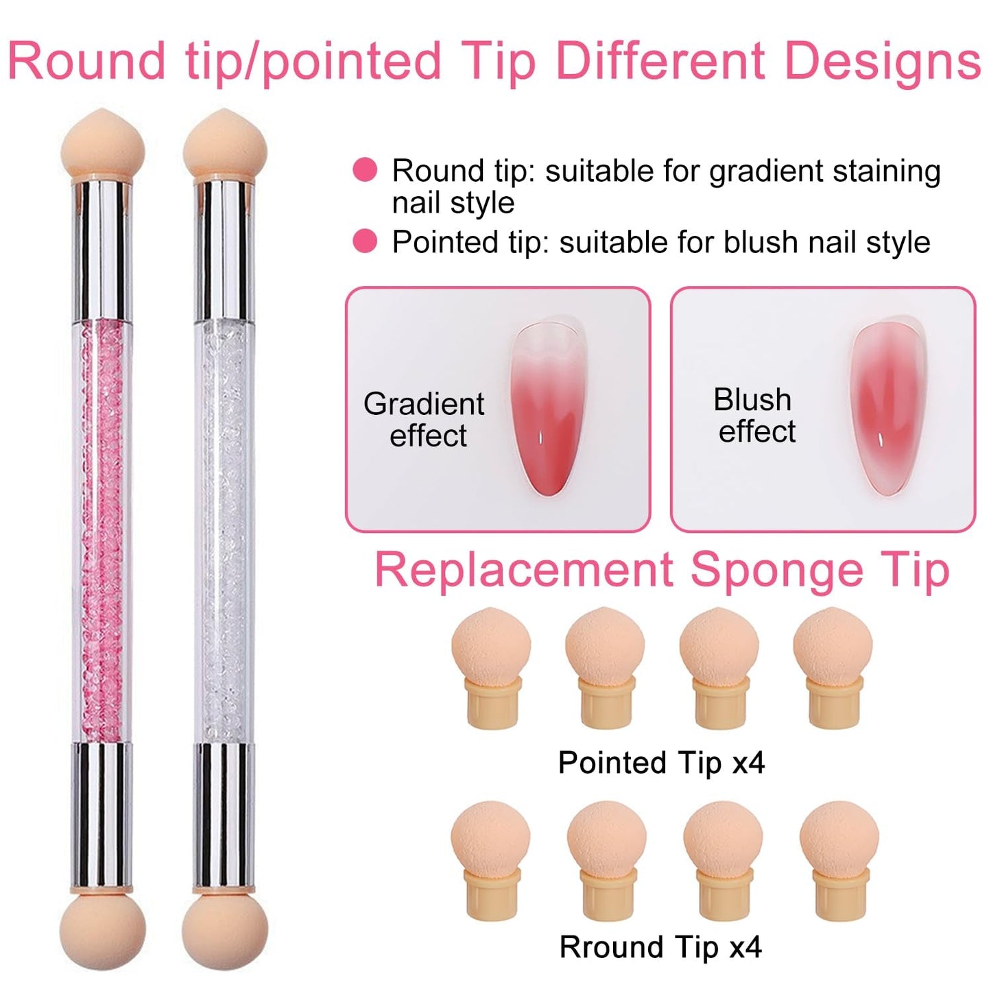2 Stück Nail Art Rendering-Werkzeuge Doppelter Kopf, Sponge Brush Applicator Inkl 8 Ersatzköpfe, Nail Art Schwamm en Tupfpinsel (Weiß, Rosa)