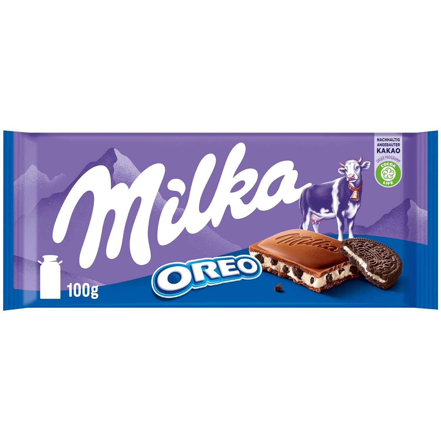 Milka Oreo – Alpenmelkchocolade gevuld met knapperige stukjes Oreo-koekjes en zachte vanillecrème – 100g
