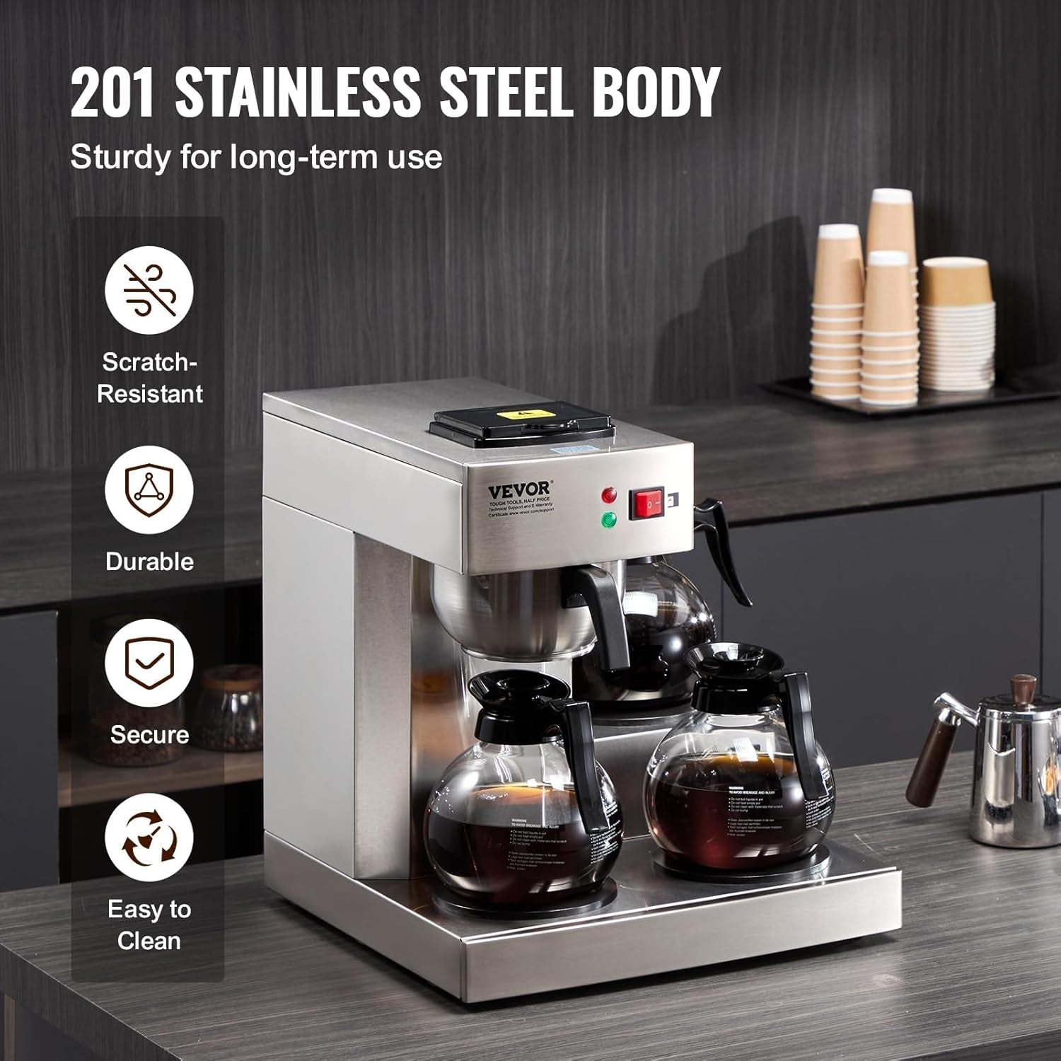 VEVOR Commerciële filter-espressomachine met 12 kopjes, 3 glazen karaffen en 3 verwarmingsplaten, roestvrijstalen espressomachine met automatische watertoevoer voor restaurant, kantoor, koffiebar