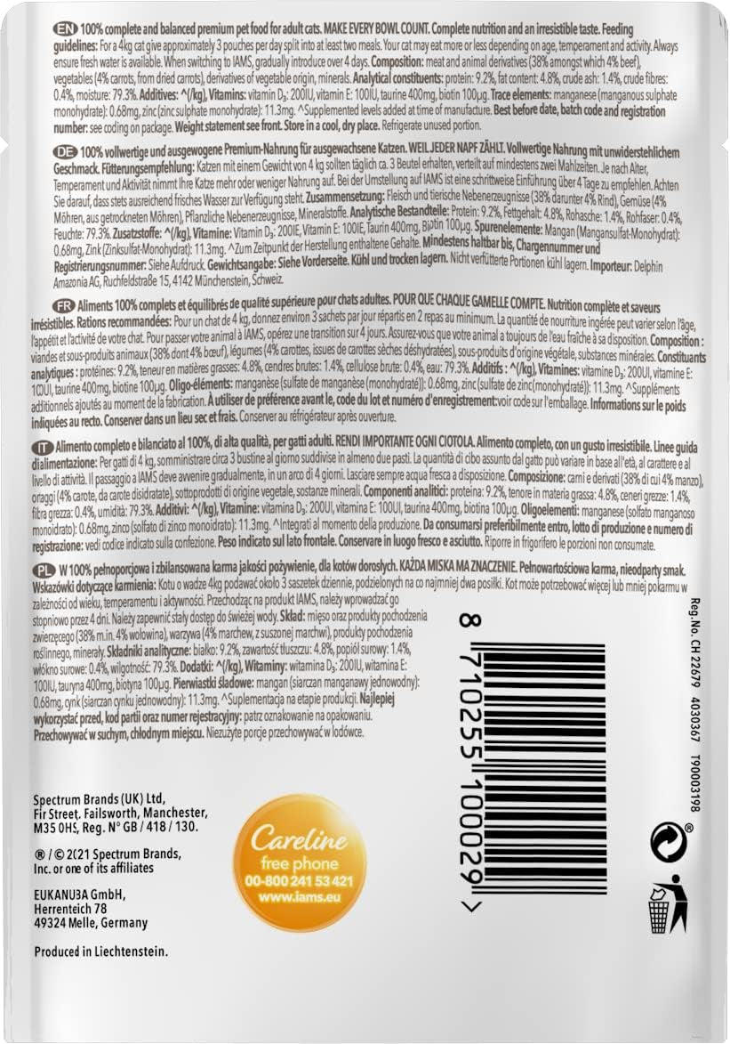 IAMS Delights Natvoer voor katten met sappig rundvlees en wortels in gelei - Compleet natvoer voor volwassen katten, 24 zakjes x 85 g
