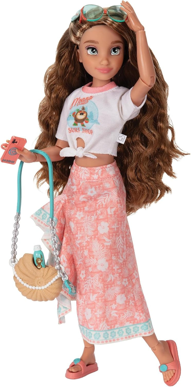 Vaiana-pop met accessoires, 29 cm, 13 scharnierpunten, officieel gelicentieerd door Jakks Pacific. Compleet met combineerbare accessoires en een sprankelende Mickey-ring!