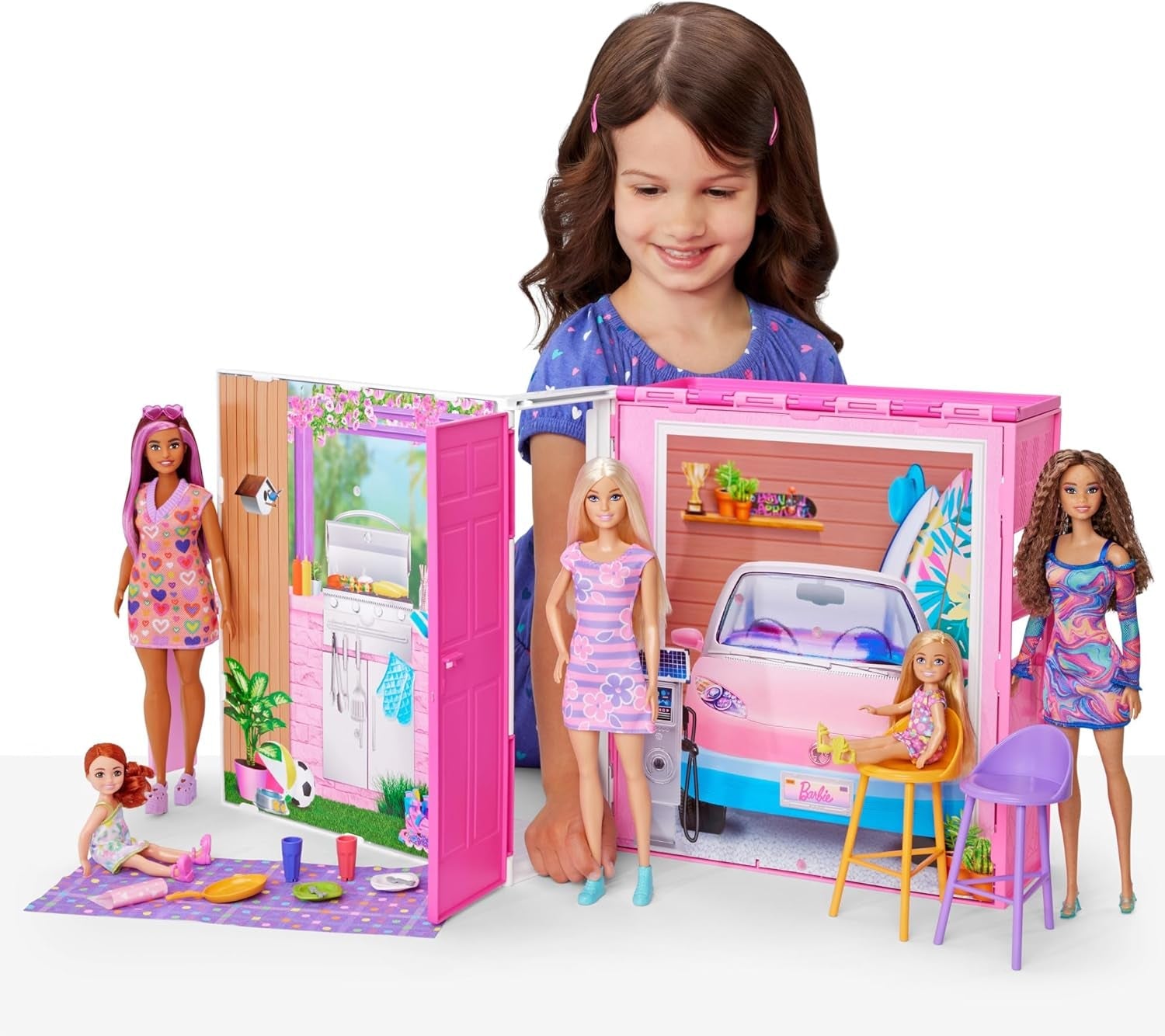 Barbie-Puppenhaus Spielset, Ferienhaus mit 4 Spielbereichen, darunter Küche, Badezimmer, Schlafzimmer en Lounge, 11 Deko-Zubehörteile, HRJ76