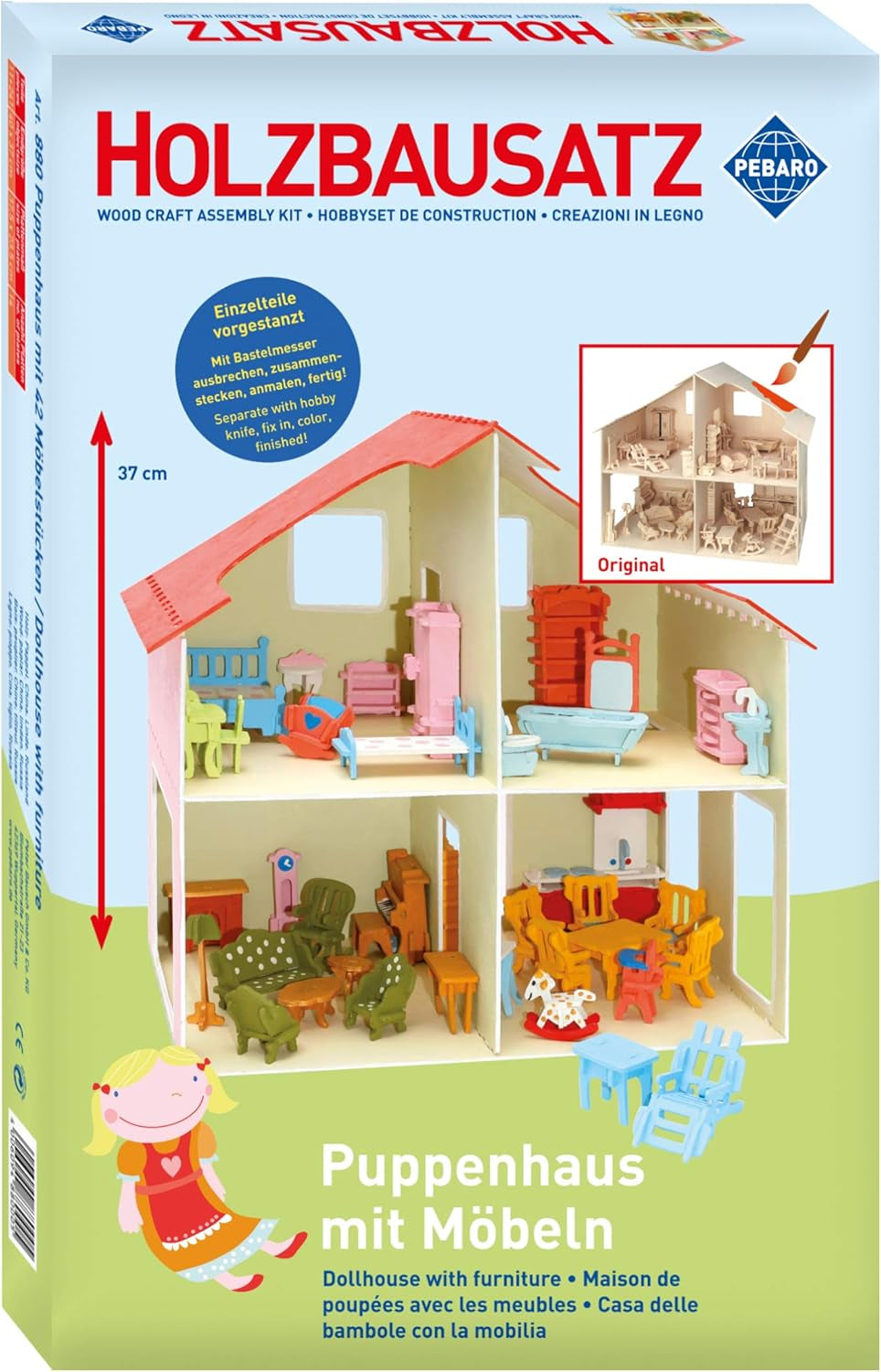 Pebaro Donau Elektronik _M880 3D-puzzelpoppenhuis met meubilair, 30 x 30 x 30 cm, natuurlijk