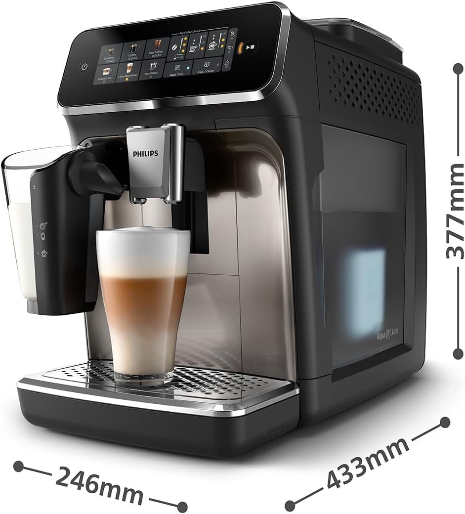 PHILIPS automatische espressomachine 3300 serie - 6 dranken, modern kleurentouchscreen, LatteGo melkbereidingssysteem, SilentBrew, 100% keramische molen, AquaClean filter. Zwart chroom (EP3347/90)