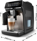 PHILIPS automatische espressomachine 3300 serie - 6 dranken, modern kleurentouchscreen, LatteGo melkbereidingssysteem, SilentBrew, 100% keramische molen, AquaClean filter. Zwart chroom (EP3347/90)