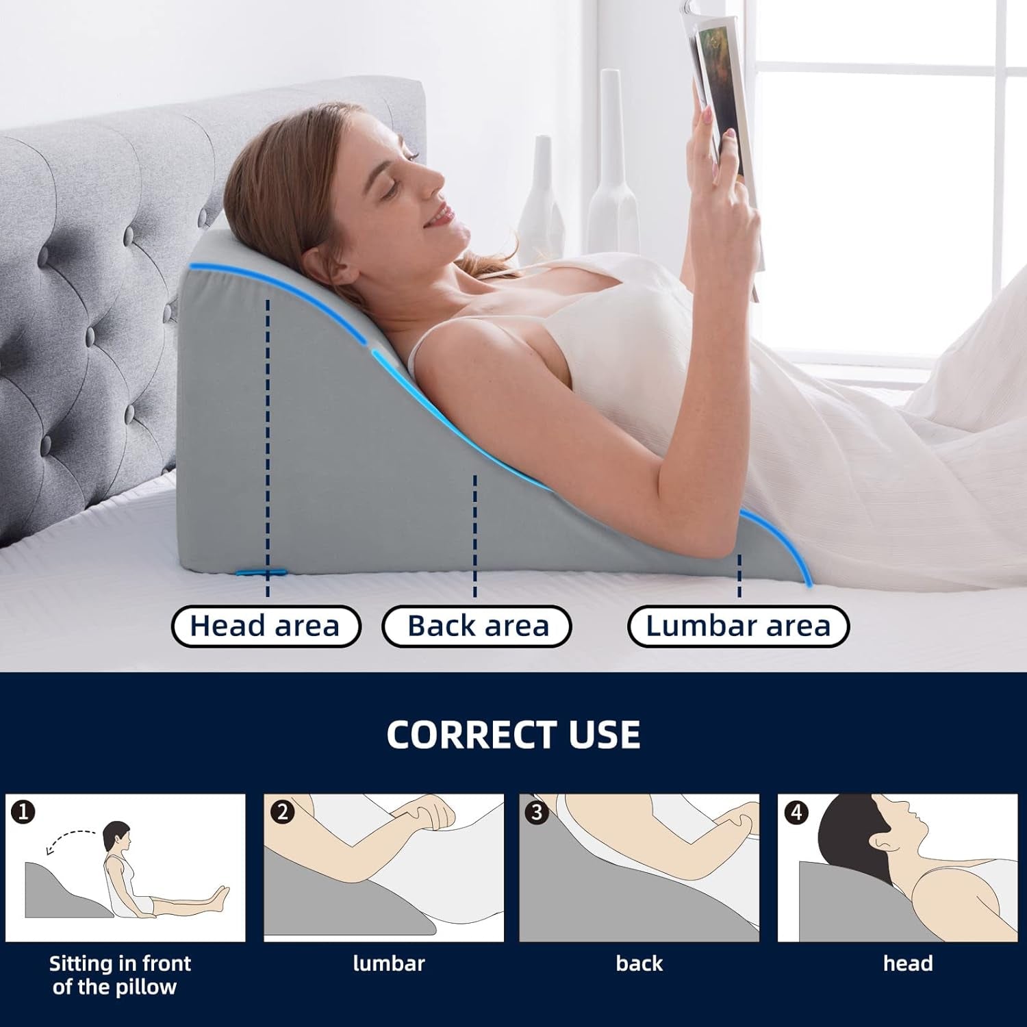 Leeskussen voor bed en bank - Memory Foam Feather Pillow - Ergonomisch rugkussen - Perfect om uw rug te ondersteunen terwijl u ontspant, speelt, leest of tv kijkt - Breed