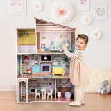 Olivia's Little World hedendaagse mediterrane stijl interactief houten poppenhuis van 3 verdiepingen voor kinderen met 17 poppenmeubelaccessoires veelkleurig TD-13551B