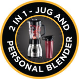 Russell Hobbs Standmixer 2-In-1 [1,5L Glasbehälter Mixer & 0,6L Mini Smoothie Maker -To-Go-Trinkflasche Inkl. Deckel] Spülmaschinenfest, Impuls-/Ice-Crush-functie, Becher BPA Frei, Edelstahl 23821-56 Keuken Naty Shop