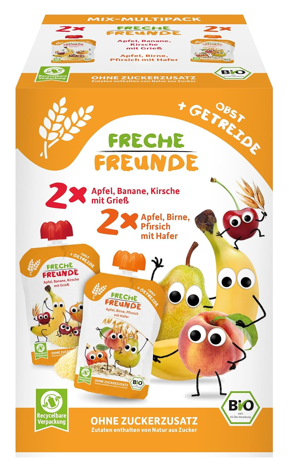 FRECHE FREUNDE Biologische mix in knijpzak met meerdere verpakkingen - fruit + granen, fruitpuree met granen in knijpzak voor baby's vanaf 6 maanden, veganistisch, verpakking van 3, 3 x (4 x 100 g)