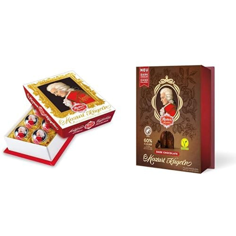 Duopakket pure chocolade, barokke Mozart en pure chocolade, authentieke Mozart-ballen, chocolade met pure chocolade, marsepein, noga, ideaal geschenk, 6 stuks van elke variëteit, 240 g in totaal