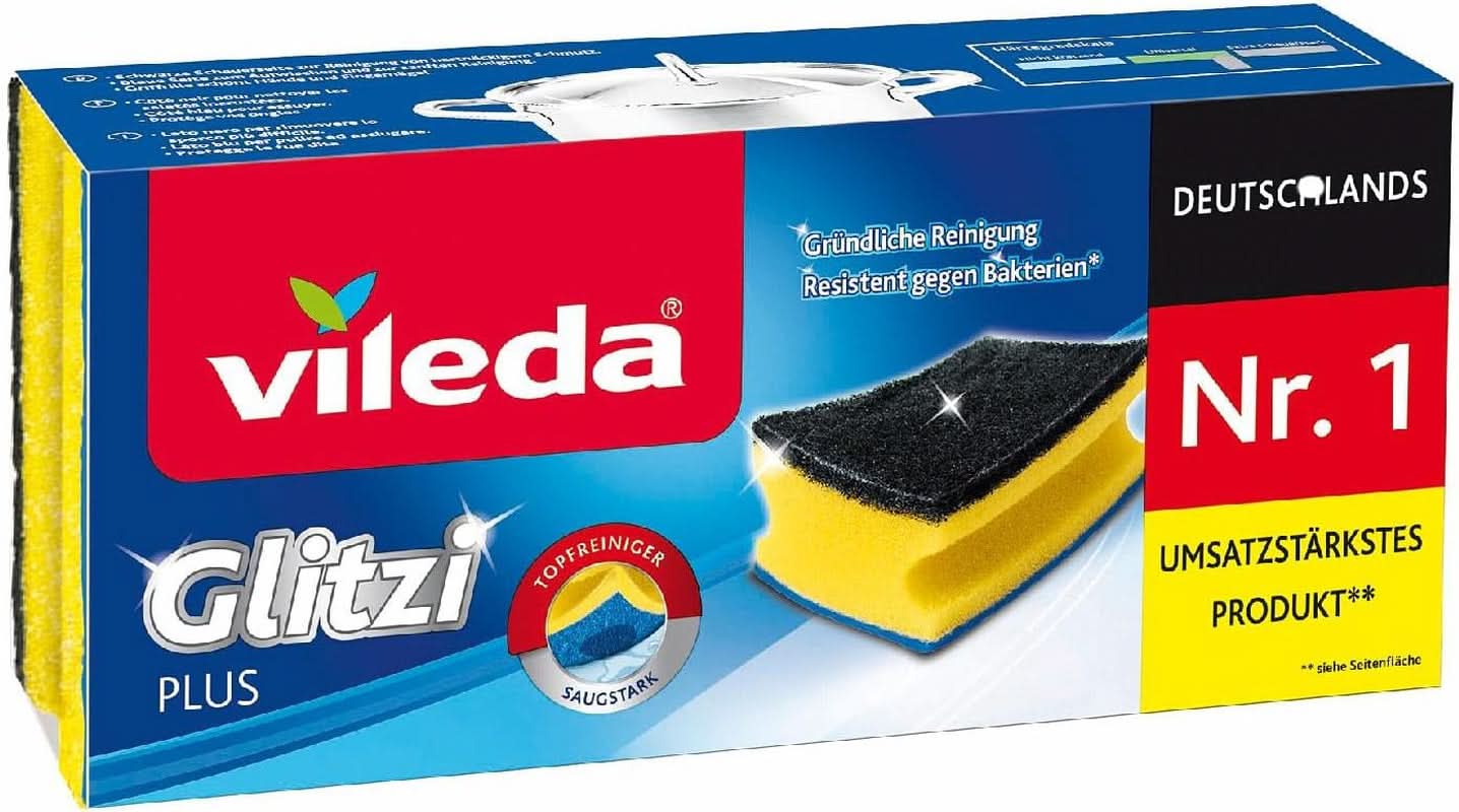 Vileda Glitzi, afwasspons voor in de keuken, met antibacteriële werking, sterk absorberend, verpakking van 18 Naty Shop keukenreinigingsmiddelen