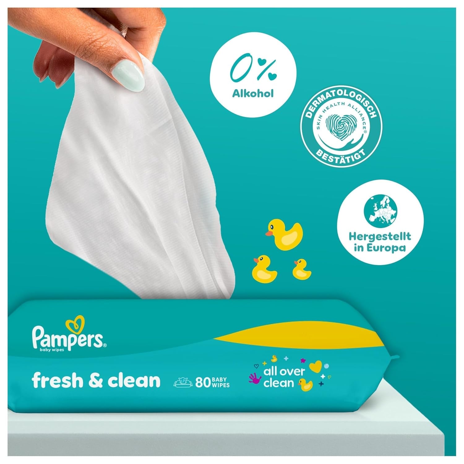 Pampers Fresh Clean vochtige doekjes, 15 verpakkingen van 80 doekjes, totaal 1200 doekjes, lichte geur, ook geschikt voor handen en gezicht