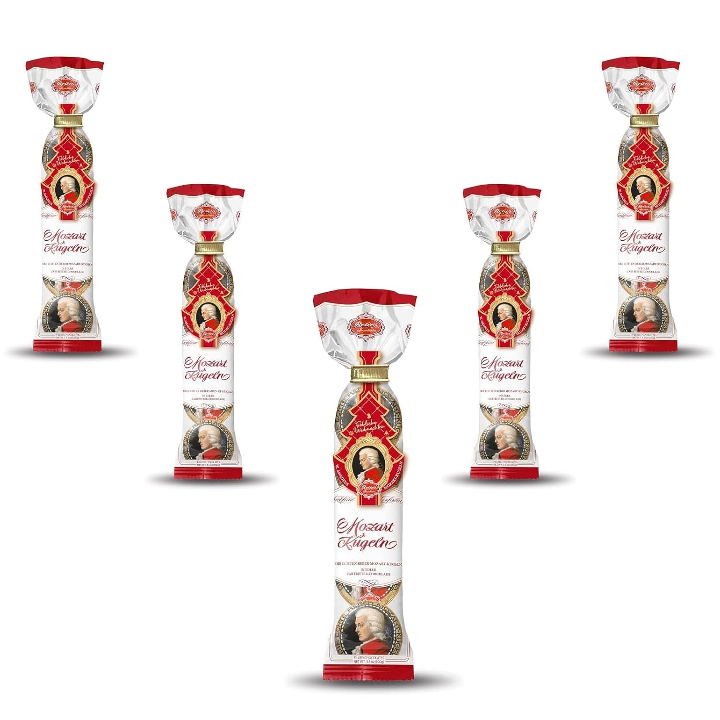 Reber Mozart balletjes - 5 zakjes met 5 snoepjes in de kersteditie - Authentieke Reber Mozart balletjes, gemaakt van pure chocolade, marsepein en nougat