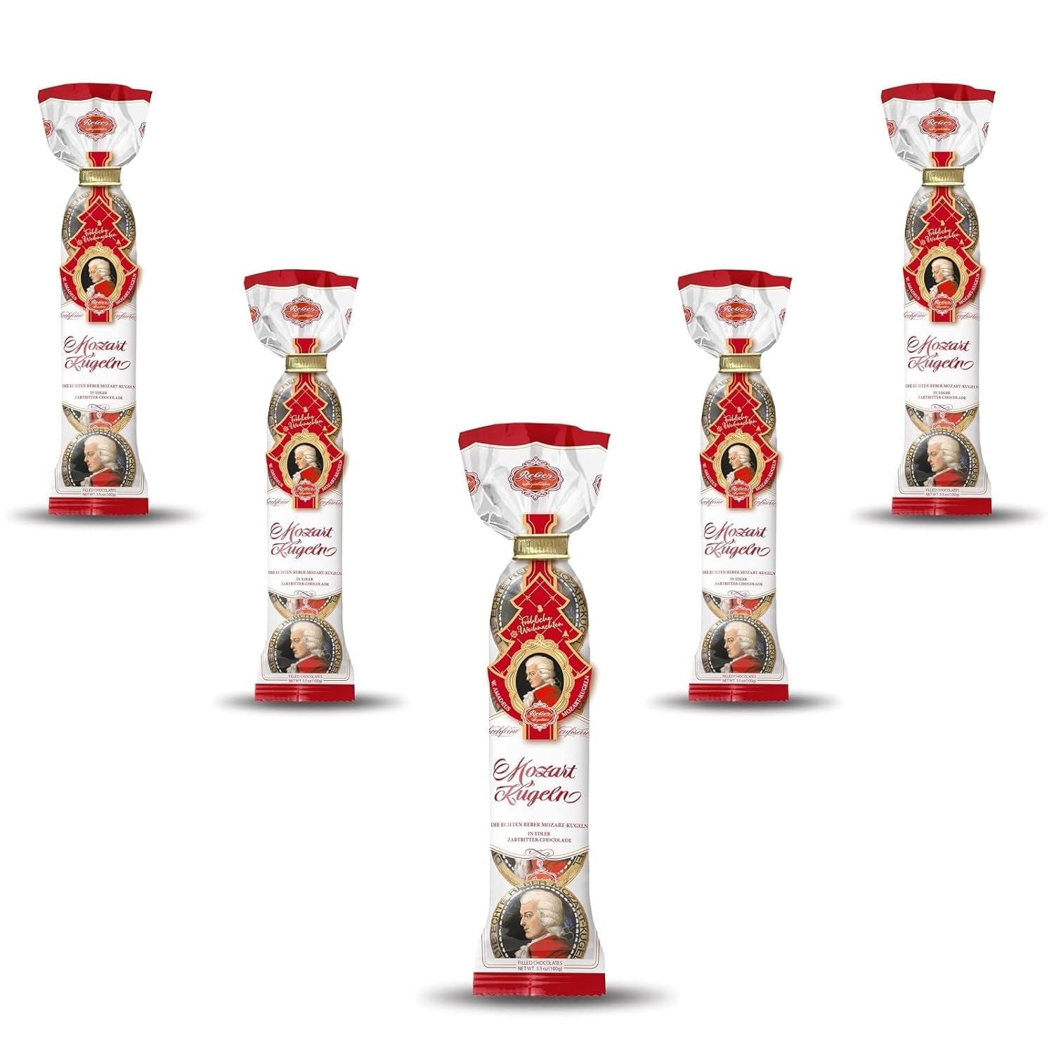 Reber Mozart balletjes - 5 zakjes met 5 snoepjes in de kersteditie - Authentieke Reber Mozart balletjes, gemaakt van pure chocolade, marsepein en nougat