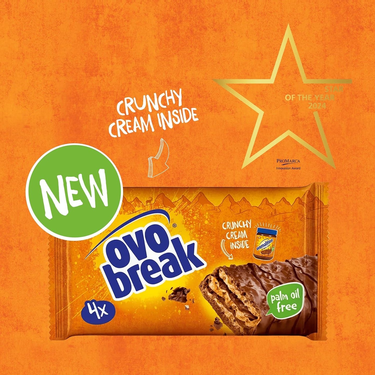 Ovomaltine OVO BREAK Wafel- en Chocoladereep - een knapperige snack met de onmiskenbare smaak van onze populaire Creme Crocante, uiteraard zonder palmolie (4 x 39 g)