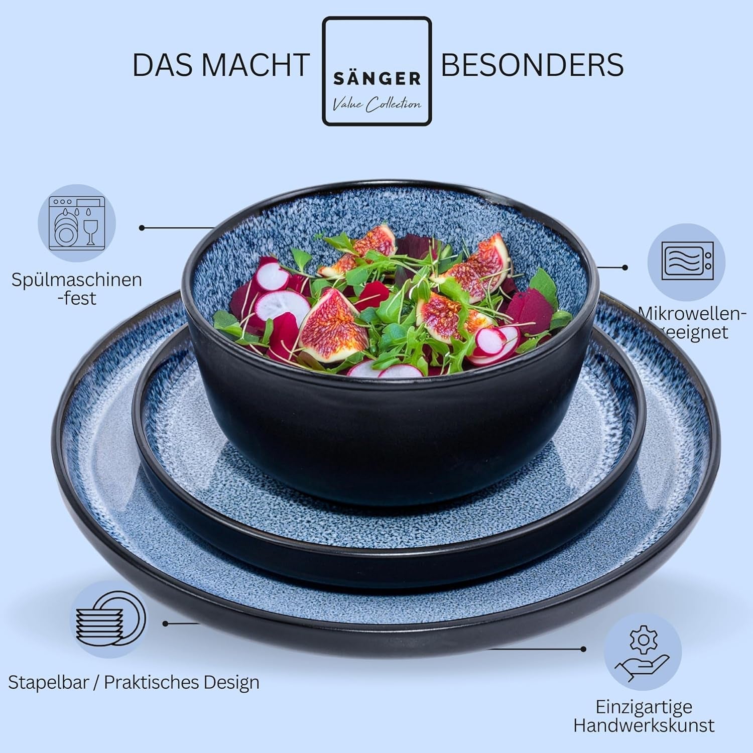 SÄNGER Aruba | Serviesset van steengoed voor 6 personen, 6 dinerborden, 6 ontbijtborden, 6 dinerborden, 6 pastakommen, blauw met zwarte rand | DE WAARDE-COLLECTIE