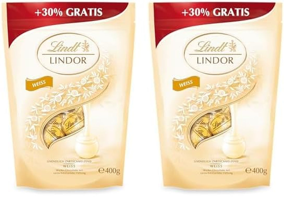 Lindor Witte Chocolade Ballen | 400 g Ca. 30 bolletjes witte chocolade met smelt-in-je-mond-vulling | Geschenk van chocolade | Chocoladecadeau (pak van 2)