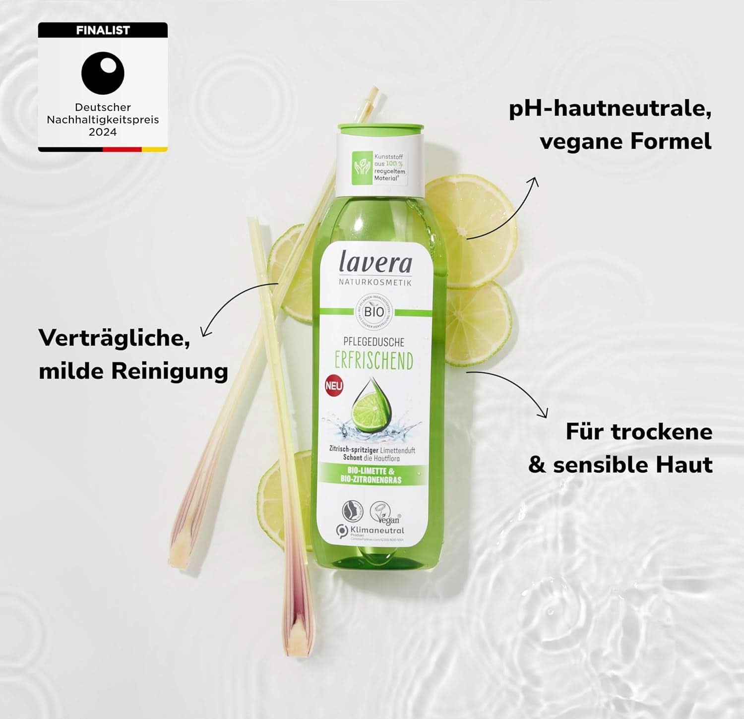 Lavera, Verfrissende douchegel met organische kalk, 250 ml Douche en bad Naty Shop