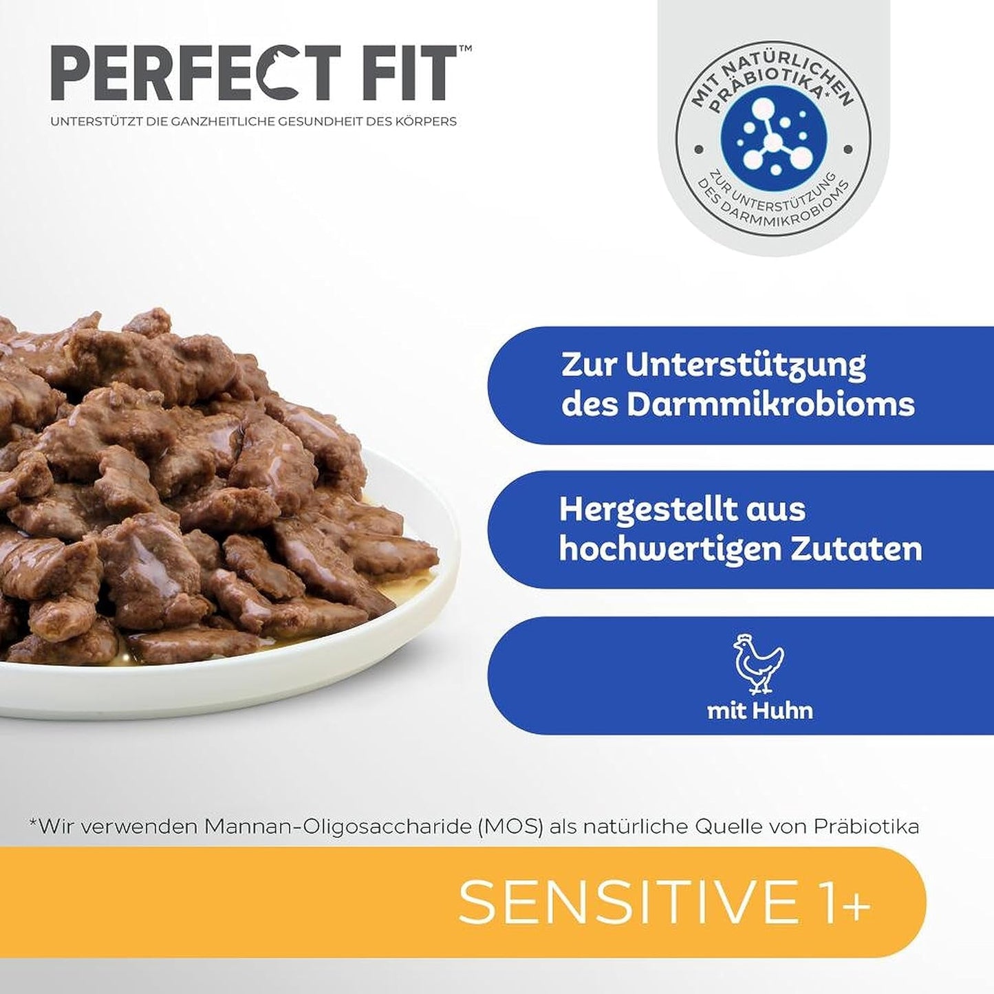 Natvoer voor katten Perfect Fit Sensitive 1+ met kip in saus, 12 zakjes, 12 x 85g - Premium natvoer voor gevoelige katten vanaf 1 jaar, zonder tarwe en soja, ter ondersteuning van de spijsvertering