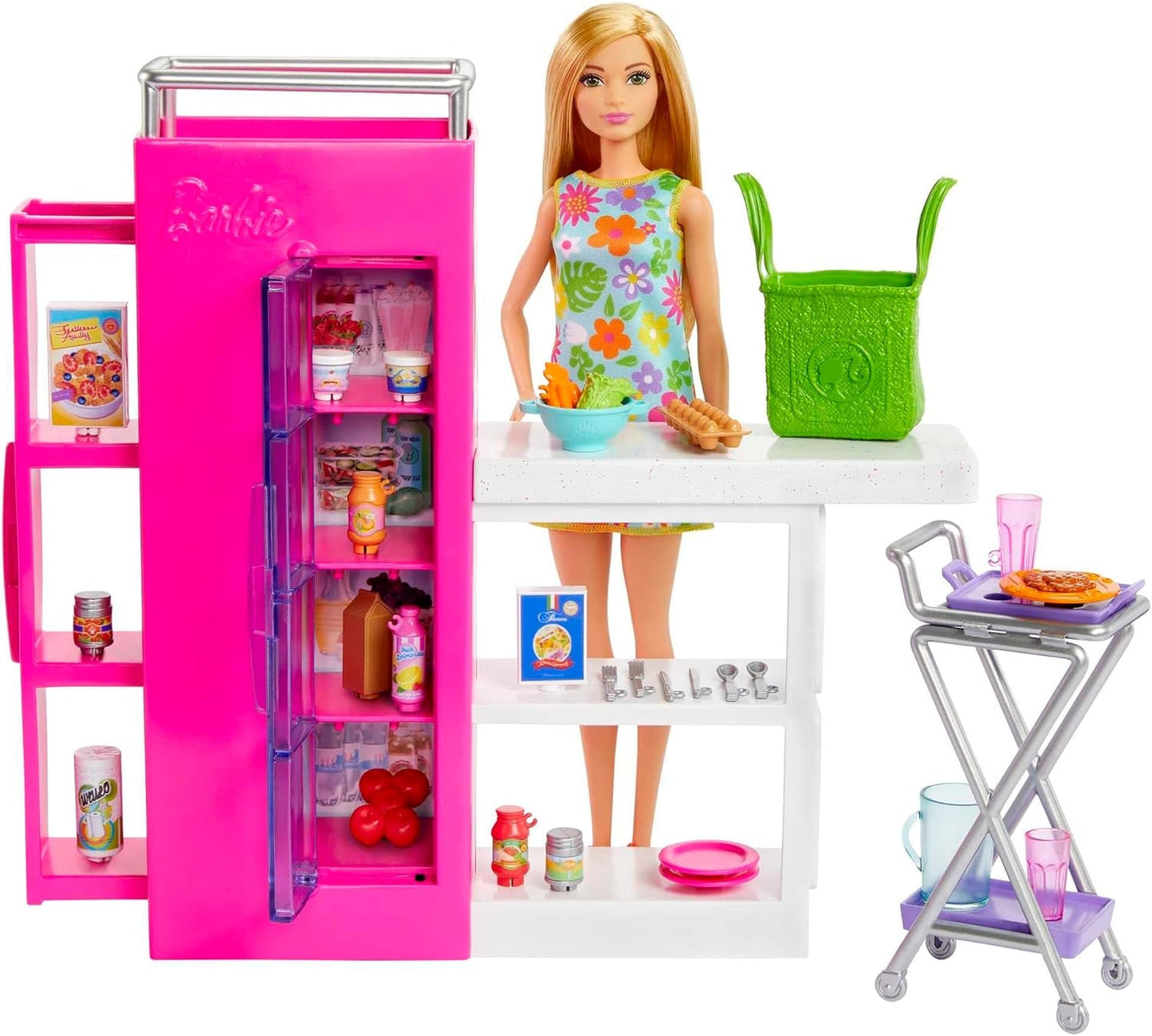 Barbie-poppenkastspeelset met meer dan 25 keukenonderdelen en accessoires - perfect voor kleine fijnproevers en cadeau voor kinderen vanaf 3 jaar, HJV38