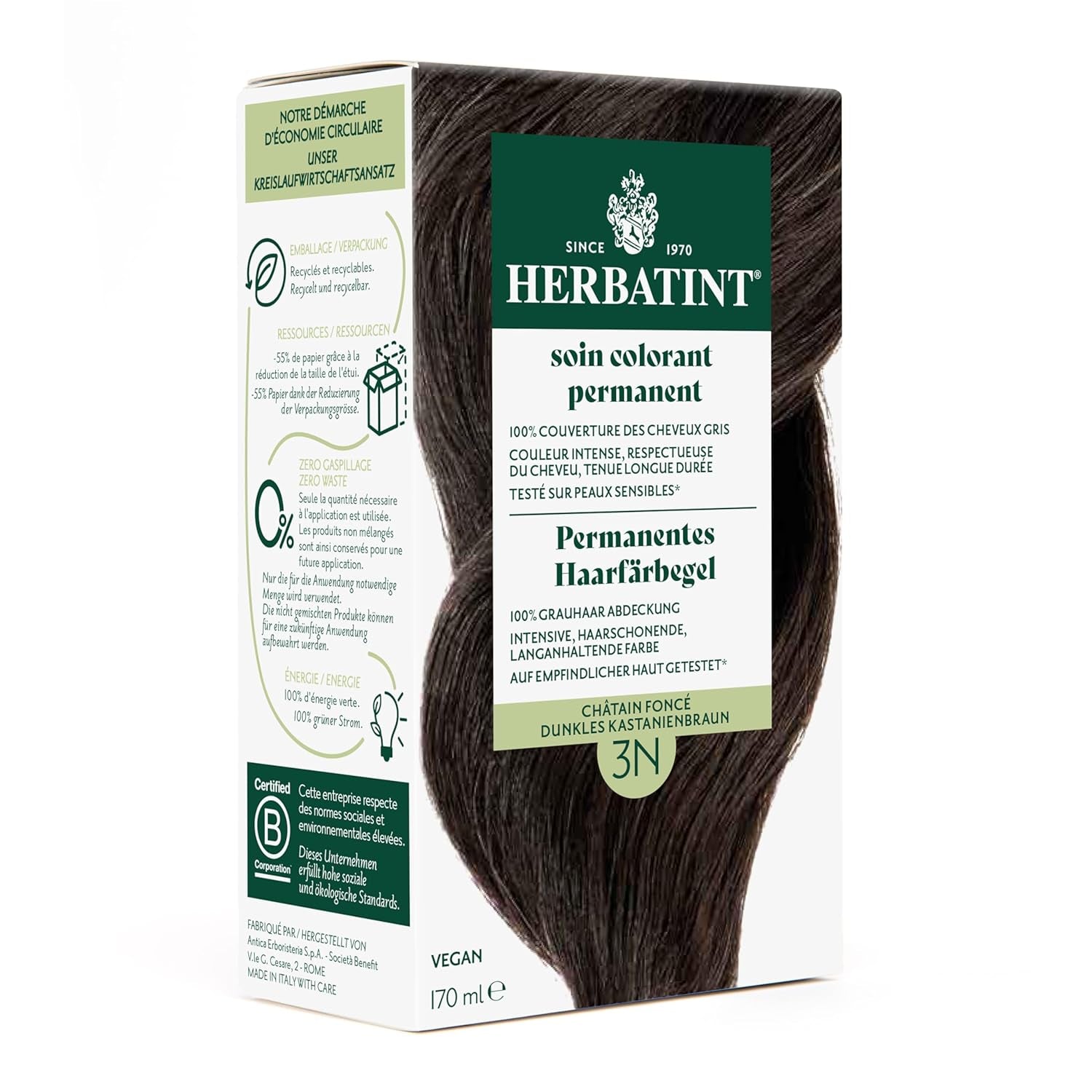 Permanente haarverfgel 6N donkerblond - 170 ml I Ammoniakvrij, 100% dekking van grijs haar I Getest op gevoelige huid, met 8 plantenextracten Haarverf Naty Shop 3N Donker kastanje