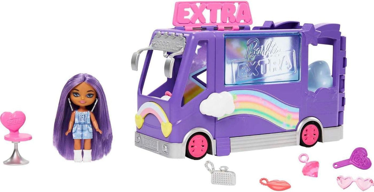 Barbie Extra Mini Minis-pop, Extra Mini Minis-pop met extra glitter-touringcar, inclusief make-upstation en showaccessoires, kindercadeau, speelgoed voor kinderen vanaf 3 jaar, HKF84
