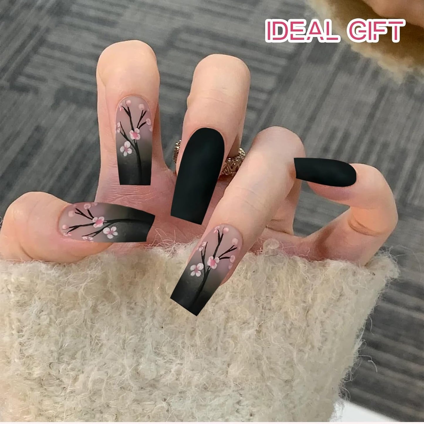 24 stuks herfst zwarte Franse pers nagels roze bloem lange nagels lijm op kunstnagels herfst kunstnagels set met accessoires