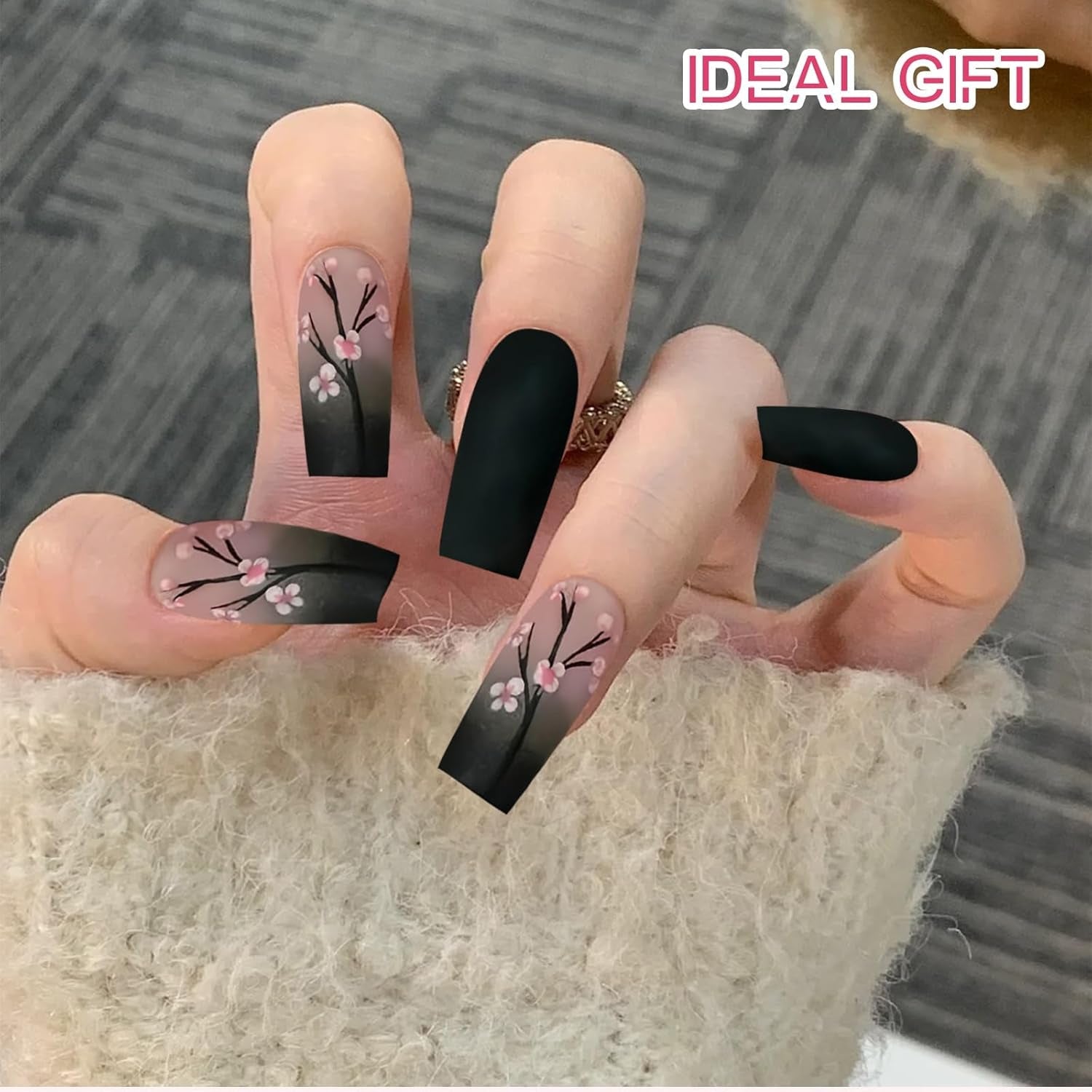 24 stuks herfst zwarte Franse pers nagels roze bloem lange nagels lijm op kunstnagels herfst kunstnagels set met accessoires