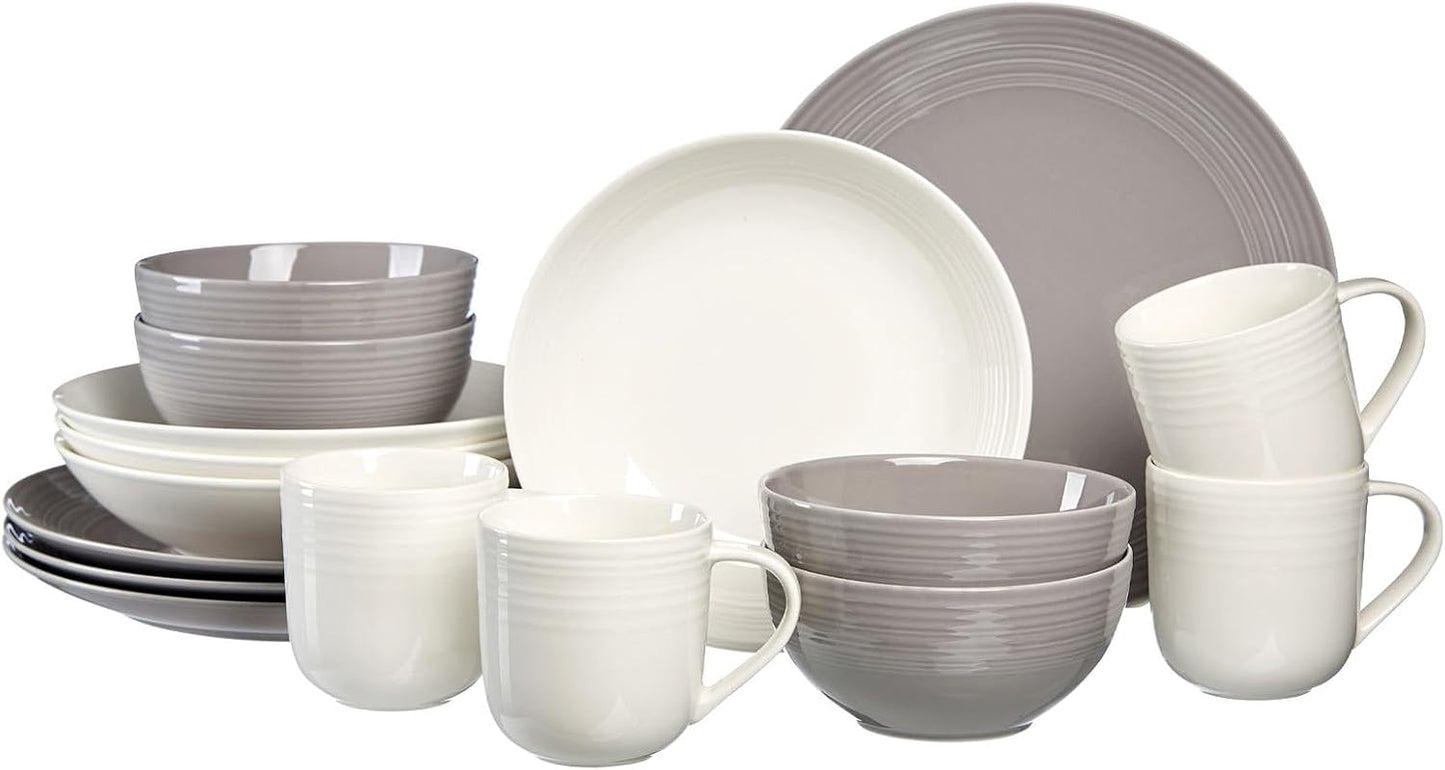Ritzenhoff & Breker Levi 16-delige serviesset, borden, schalen en mokken voor 4 personen, Scandinavisch design met fijn gecanneleerd reliëf, Mix & Match serviesgoed, porselein, wit en grijs