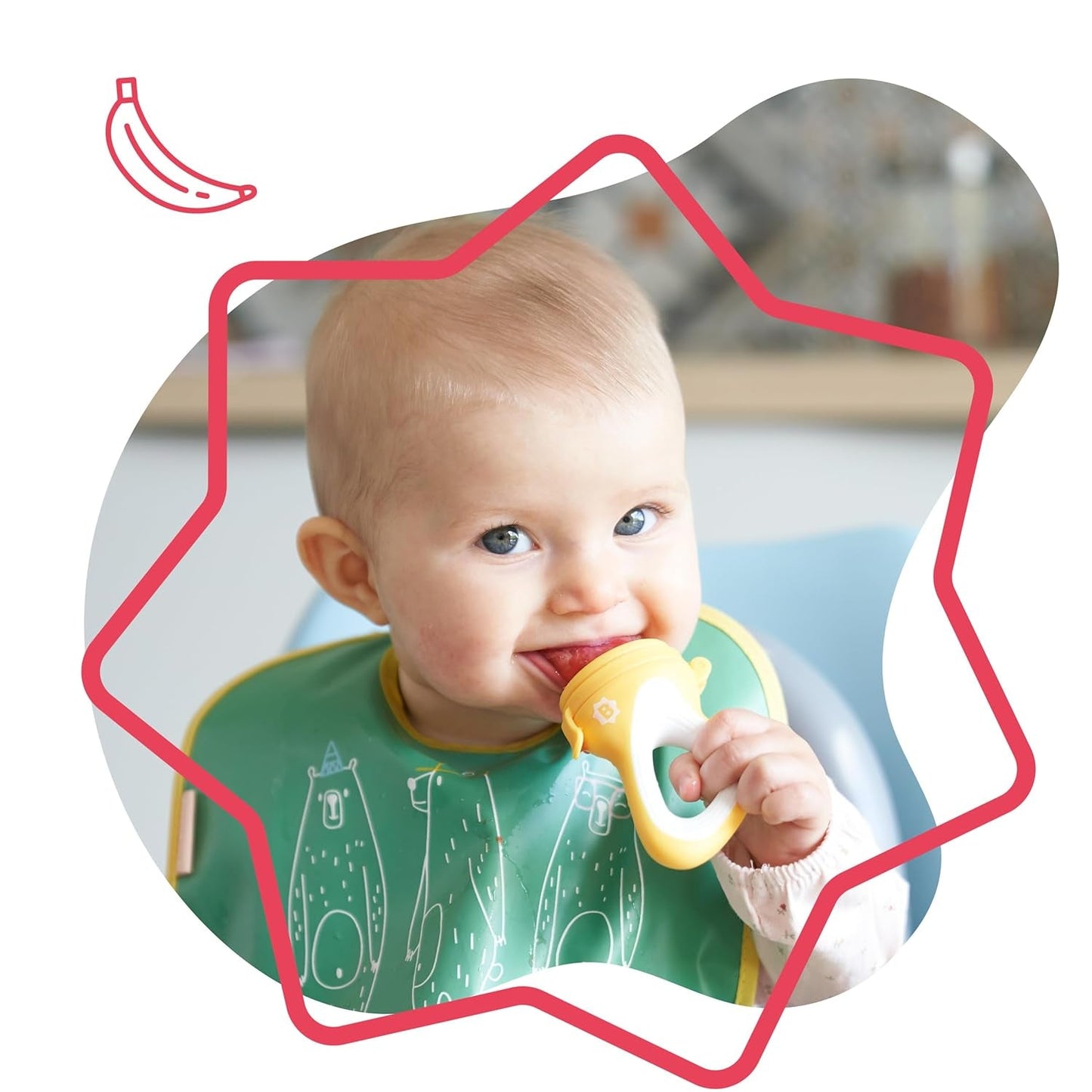 Badabulle babyvoederbakje met beschermhoes, ergonomisch handvat, kalmeert het tandvlees en introduceert nieuwe smaken, vanaf 4 maanden, BPA-vrij