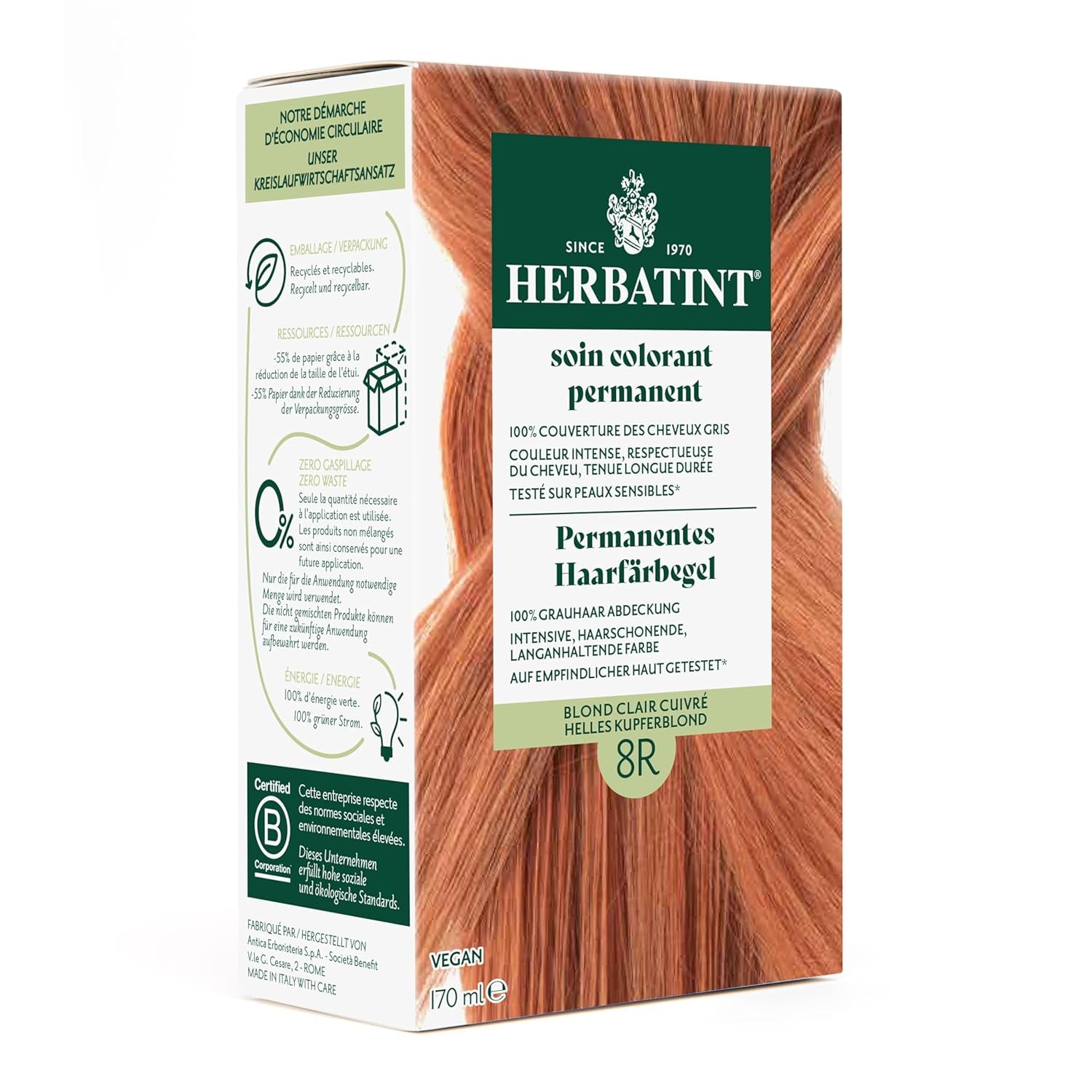 Permanente haarverfgel 6N Donkerblond - 170 ml I Ammoniakvrij, 100% grijze haardekking Ik getest op een gevoelige huid, met 8 plantenextracten Naty Shop Haarverf 8R Licht Koperblond