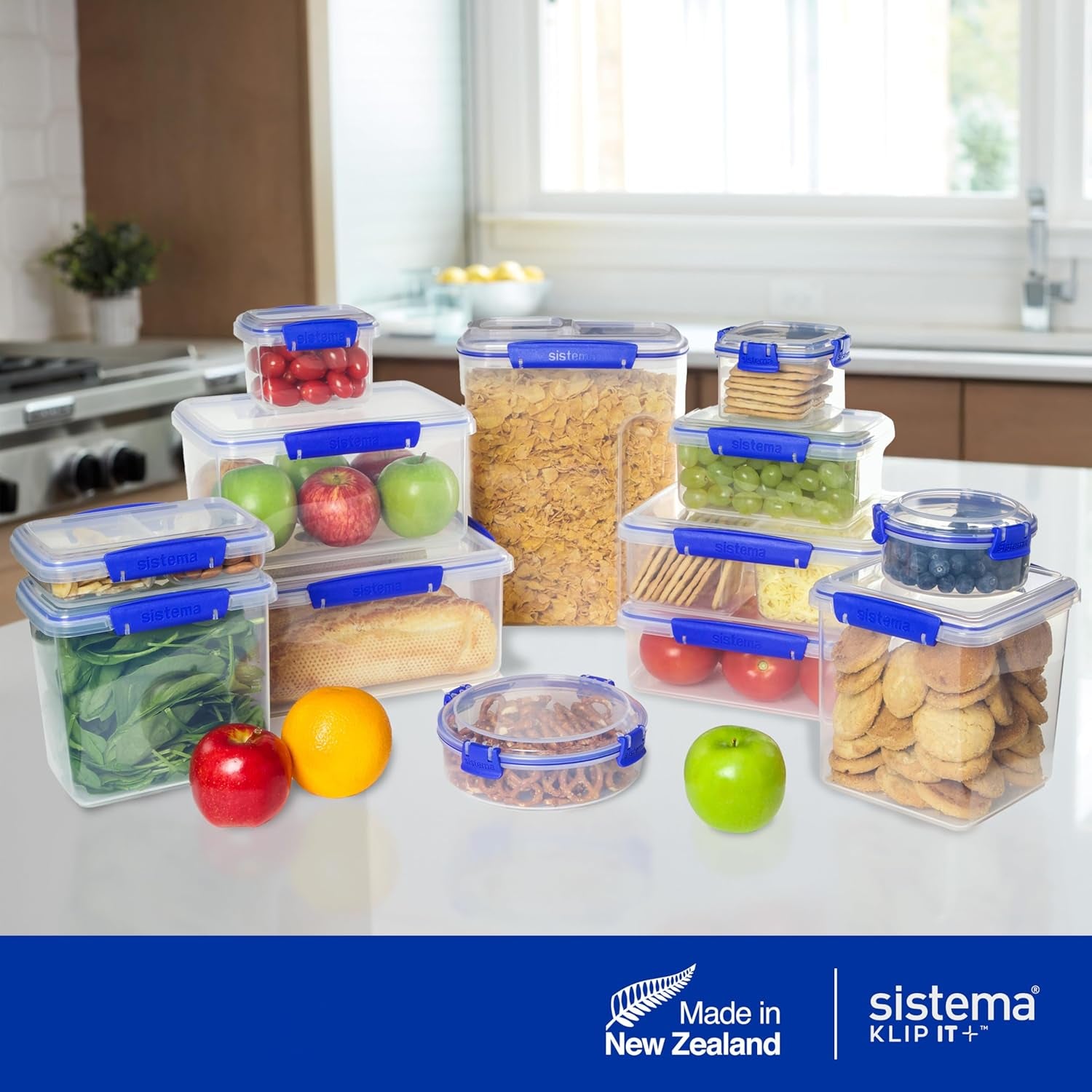 Pot voor voedselopslag KLIP IT Systeem | 9,67 liter | stapelbare en luchtdichte voorraadpot met deksel, geschikt voor koelkast/vriezer | BPA-vrij kunststof | blauwe clips | 1 stuk (pak van 4) Naty Shop voedselbewaardozen