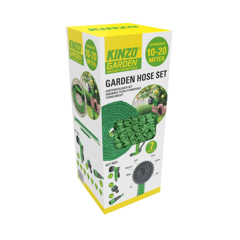 Kinzo Flexibele Tuinslang 20 m - incl. slangetje Slangaccessoire - Flexibele slang met sproeikop met 7 spuitposities - Kunststof - Groen/Grijs