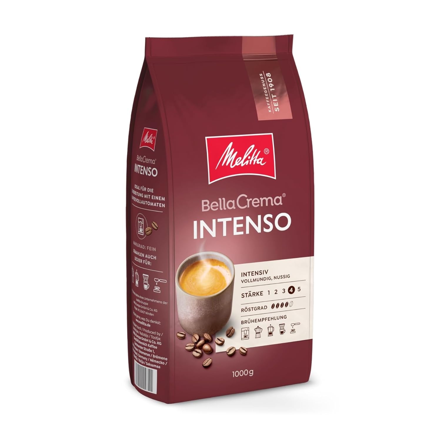 Melitta BellaCrema Intenso Whole Kaffee-Bohnen 1kg, ungemahlen, Kaffeebohnen für Kaffee-Volautomat, kräftige Röstung, geröstet in Deutschland, Stärke 4