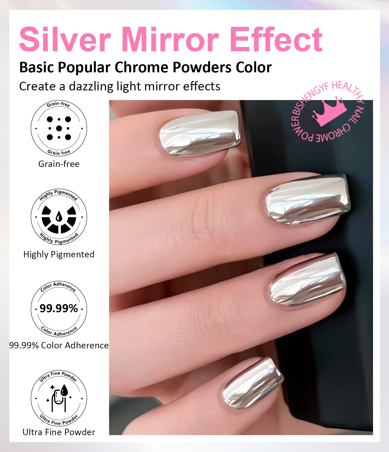 BISHENGYF Silver Chrome Nail Powder – Metal Holo Chromfarbener Nagelpuder, 1G Cromepulver Nägel Glitzer Glänzende Silver Nagelpulver Spiegeleffekt Pigment Nagelkunst, DIY-Design-Dekor Frauen Gift