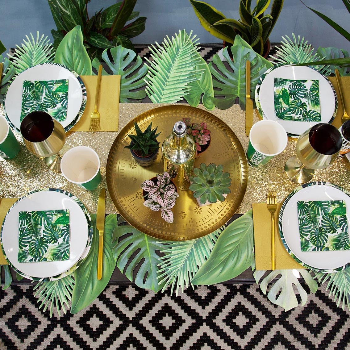 Pak van 20 tropische doekjes | Groenboekservetten met palmbladmotief | Wegwerpservies voor kinderfeest, safarifeest, jungle, dinosaurus, zomer, Hawaiiaans thema