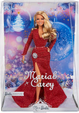 Barbie Mariah Carey - Verzamelpop met sprankelende rode jurk, ruches, split, charmante krullen, zilveren accessoires, rode hoge hakken, kersttraditie, decoratie, HJX17