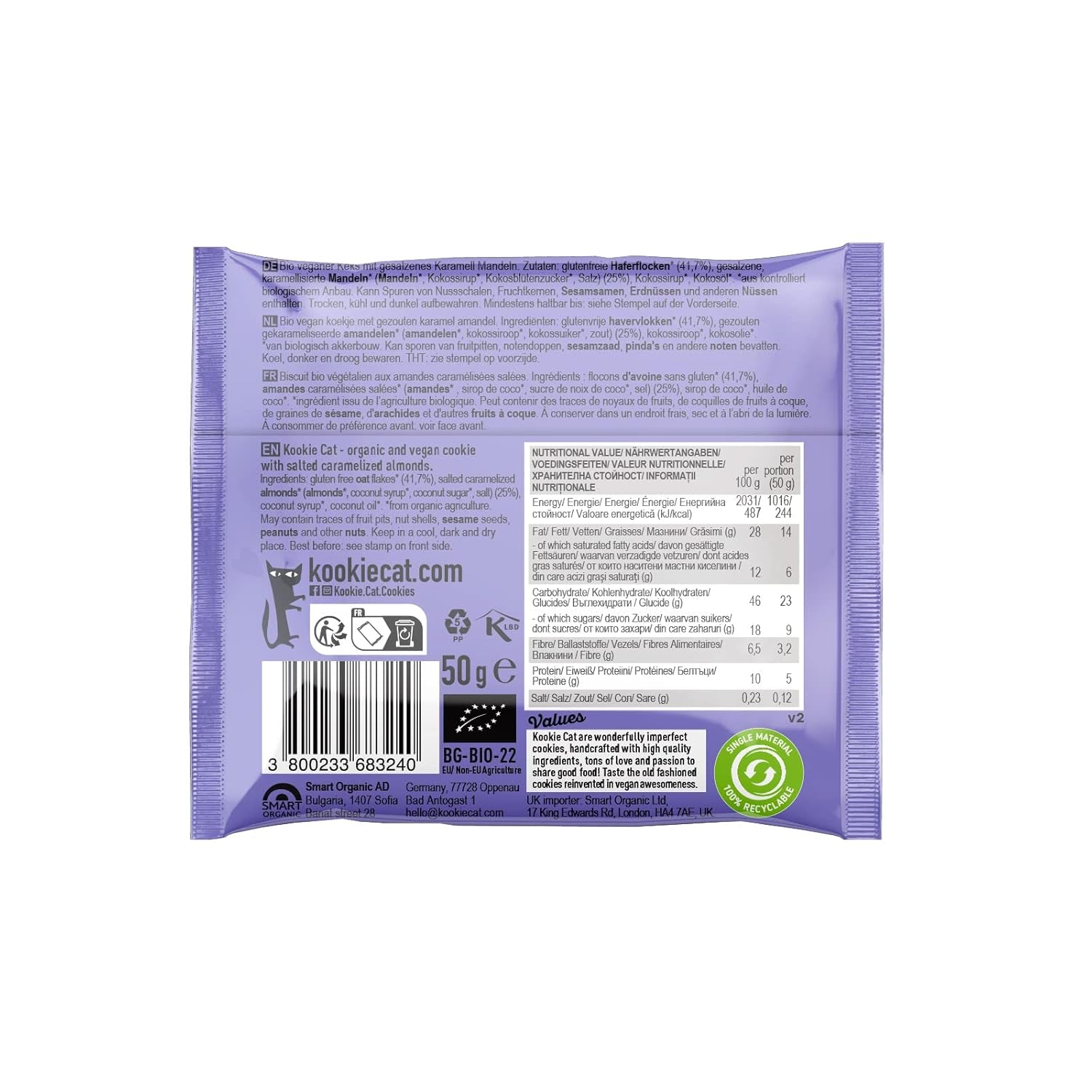 Veganistische gezouten karamel-amandelkoekjes - individueel verpakt, glutenvrij, soja-vrij, biologisch amandelhaver - 12 x 50 g multipack (pak van 2)