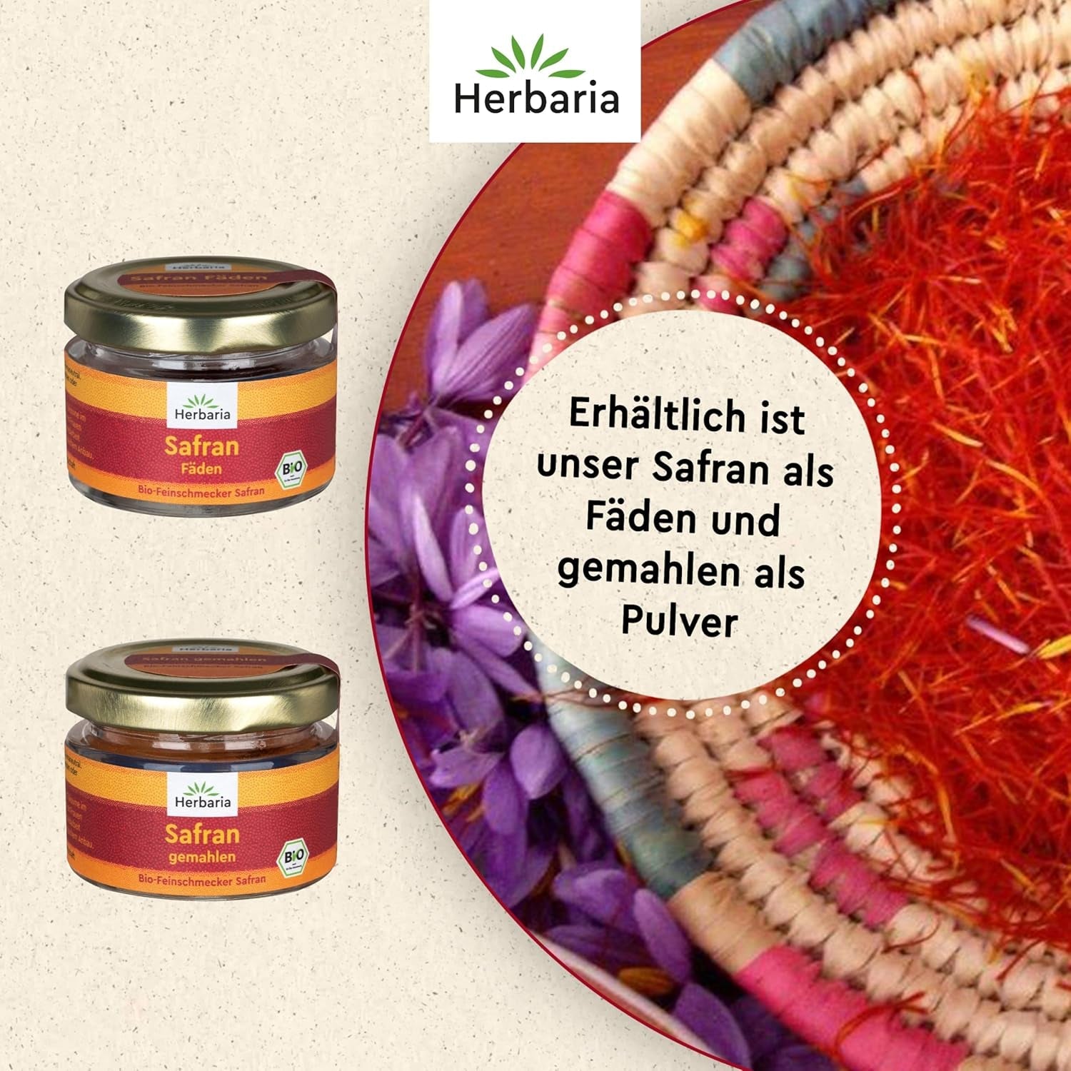 Herbaria Safran-Fäden bio 0,5g in Glas – Bio Saffron-Fäden aus dem bereicht Safran-Ort Taliouine in Marokko – Safranfäden in Premium Bio-Qualität – Saffron Premium - Safran première categorie