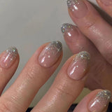 24 stuks Franse pers op nagels kort glanzend zilver ontwerp ovale kunstnagels lijm op acryl glanzende nagels kunstnagels voor dames meisjes