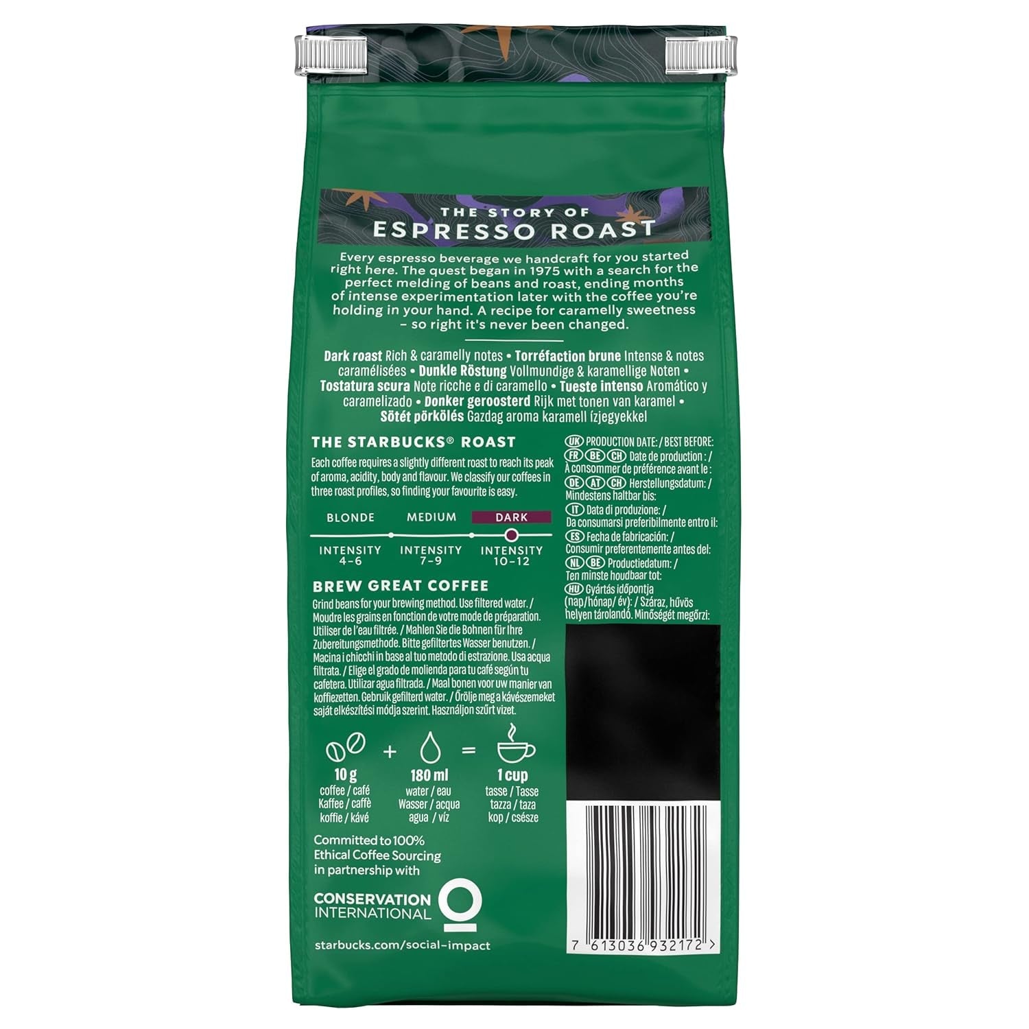 STARBUCKS Espresso Roast, Black Roast, Hele Koffiebonen 200g (Pak van 6)