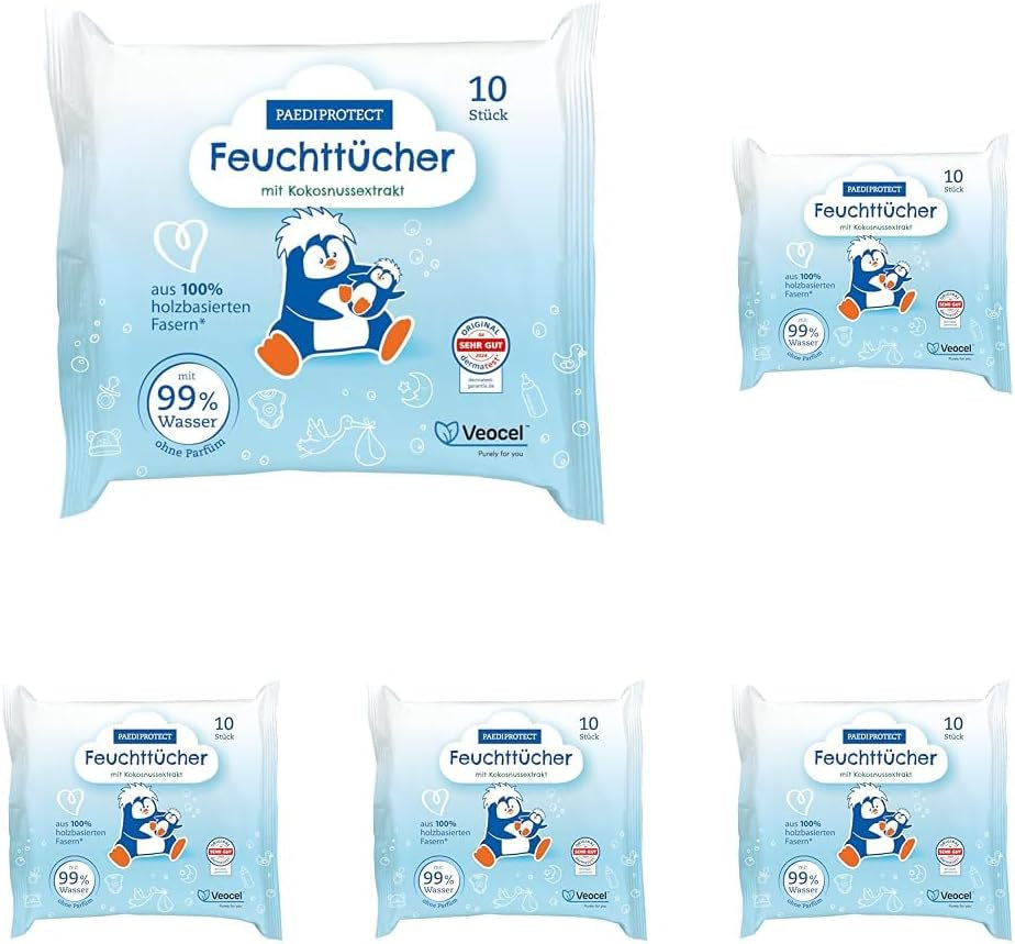 PAEDIPROTECT Babydoekjes 1 x 10 stuks Gevoelige babywaterdoekjes 99% water Geurvrij Baby en kinderen Gevoelige huid Kokosextract Microplasticvrij Veganistisch (5-pack)