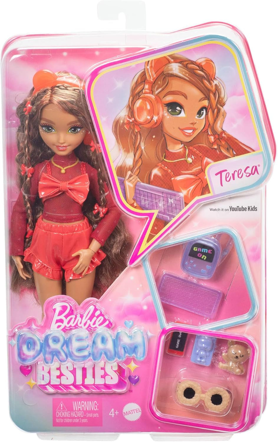 Barbie Dream Besties-pop en accessoires, beweegbare Teresa-modepop met bruin haar en haarclips, 10-delig videogamethema, HYC23 Naty Shop-poppen