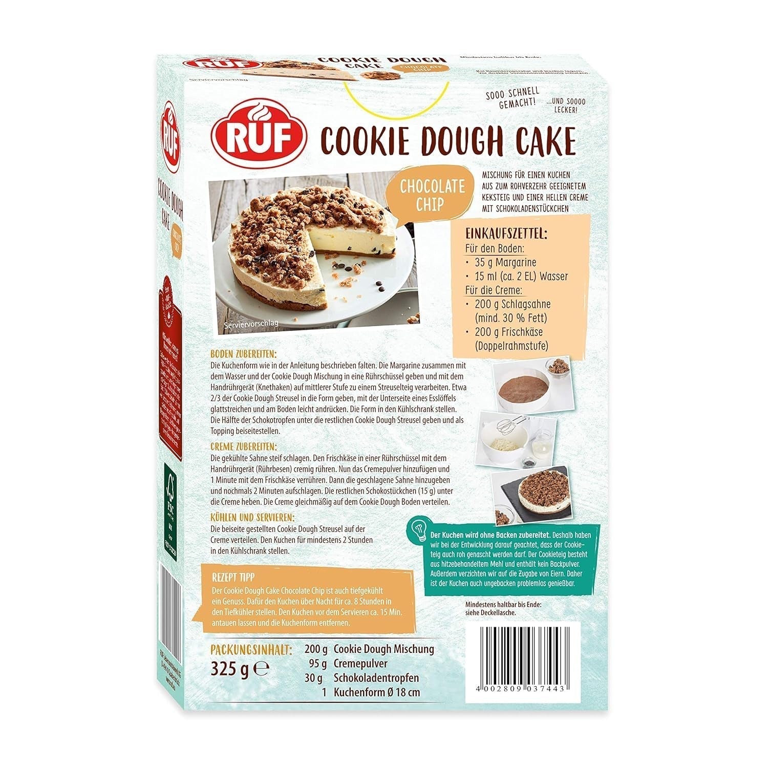 RUF Cookie Dough Cake Ohne Backen, Tortenboden Aus Keksteig Mit Frischkäse-Creme en Schokoladenstückchen, Inkl. Kuchenform, 1X325G Mengsel voor bakken en koken Naty Shop