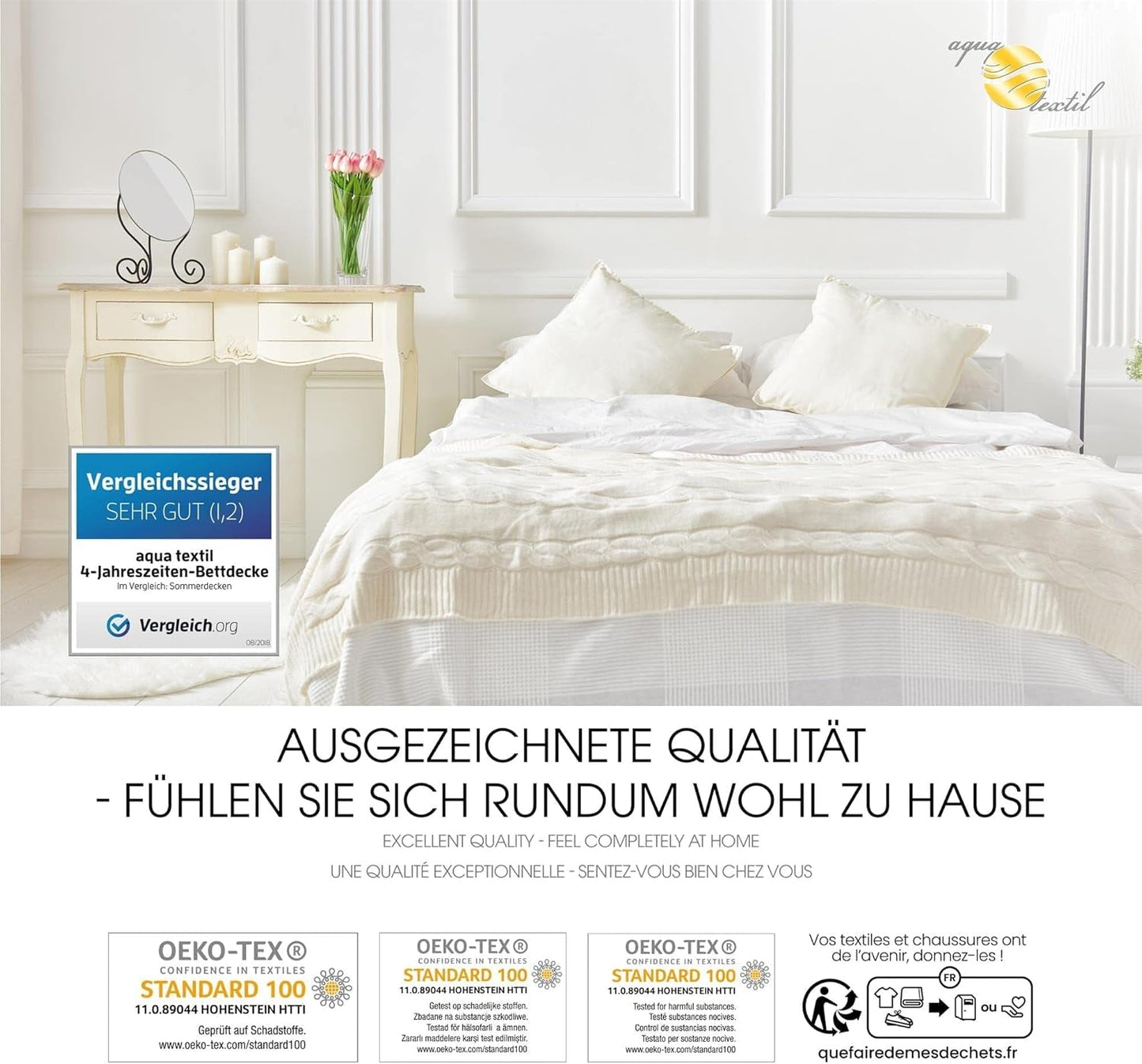 Aqua-Textil 4-seizoenen dekbed 135X200Cm Dekens aan elkaar geknoopt Winter 800G Zomer 600G Klimaatbeheersing Oeko-Tex Dekbedden en dekbedden Naty Shop