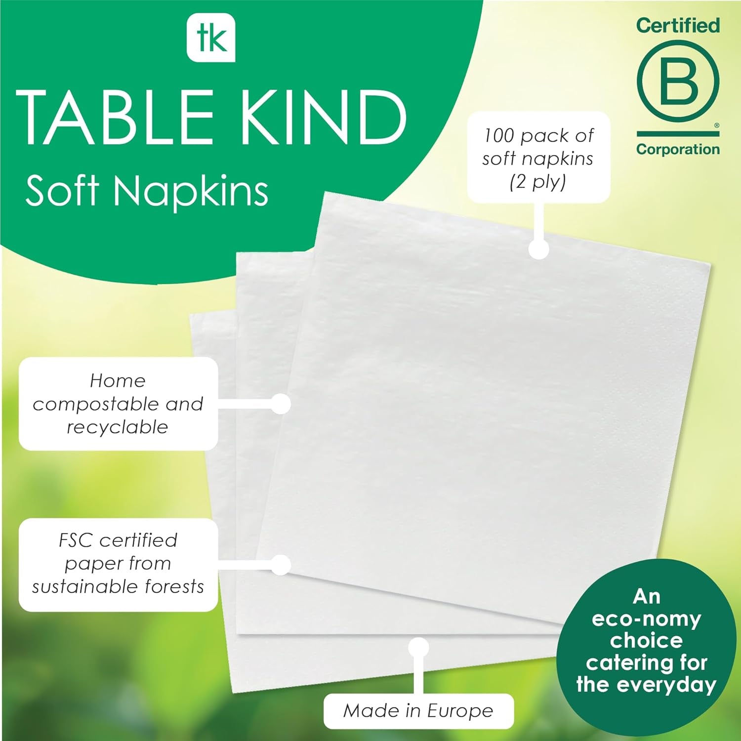 Table Kind 100 witte zachte servetten in bulk, hoogwaardige servetten voor feesten, catering en dagelijks gebruik, FSC, duurzaam en recyclebaar, gemaakt in de EU | 2-laags | 33 cm