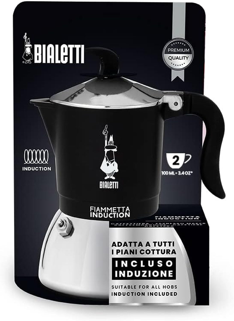 Bialetti Fiammetta inductiekoffiezetapparaat, 2 kopjes (100 ml), geschikt voor alle soorten kookplaten, elegant design, zwart